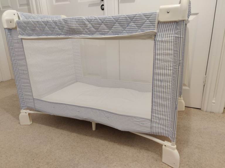 Travel Cot and Carry Case Blue/White Striped Mothercare Weekender 