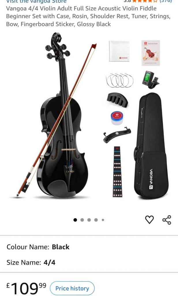Pink Vangoa 4/4 Full Size Acoustic Violin Beginner Set - Glossy Black