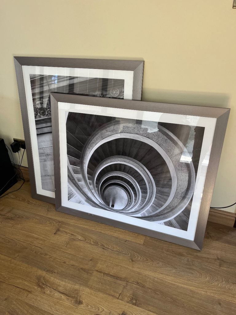 Two Large Picture Frames  with Black and White Pictures – Spiral Staircase & Column