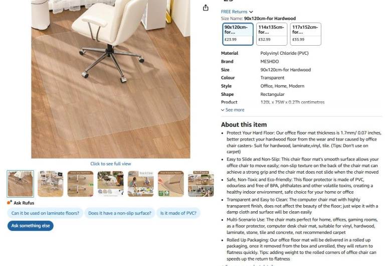 Office Chair Mat for Hardwood Floors – £12