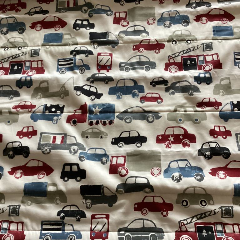 Custom Made Roman Blind for boys room with cars and tractors professionally made