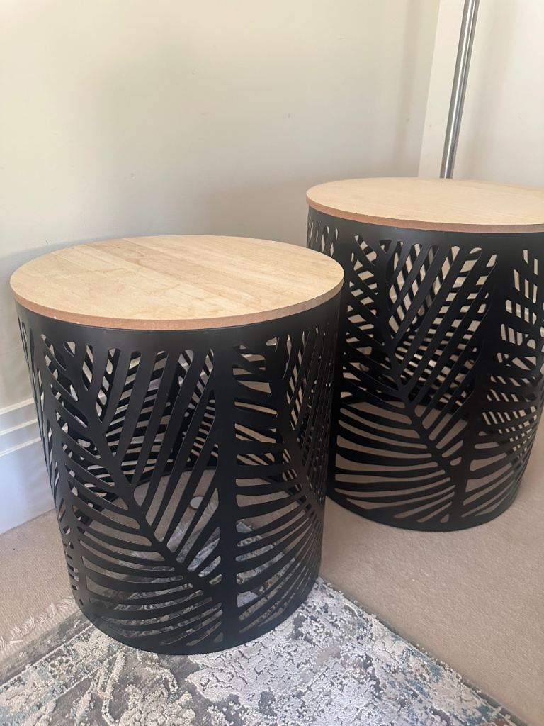 Pair of Black Metal Side Tables with Wood Tops