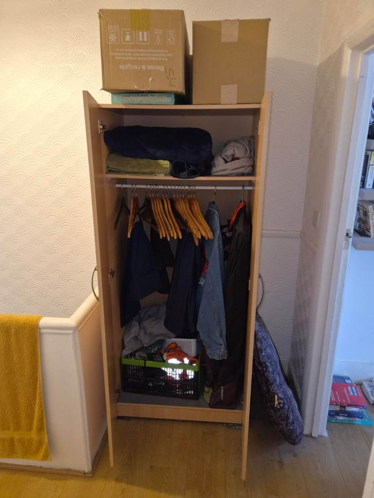 Wooden Wardrobe with Hanging Rail and Shelf – Good Condition