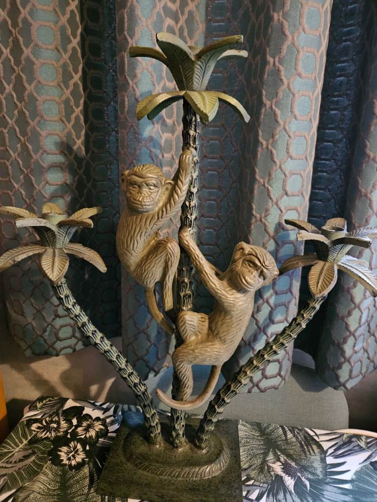 Large green metal vintage style art deco palm tree monkey candle holder candelabra 