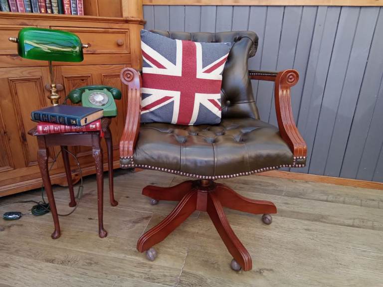 image for Stunning Green Leather Chesterfield Captains Chair