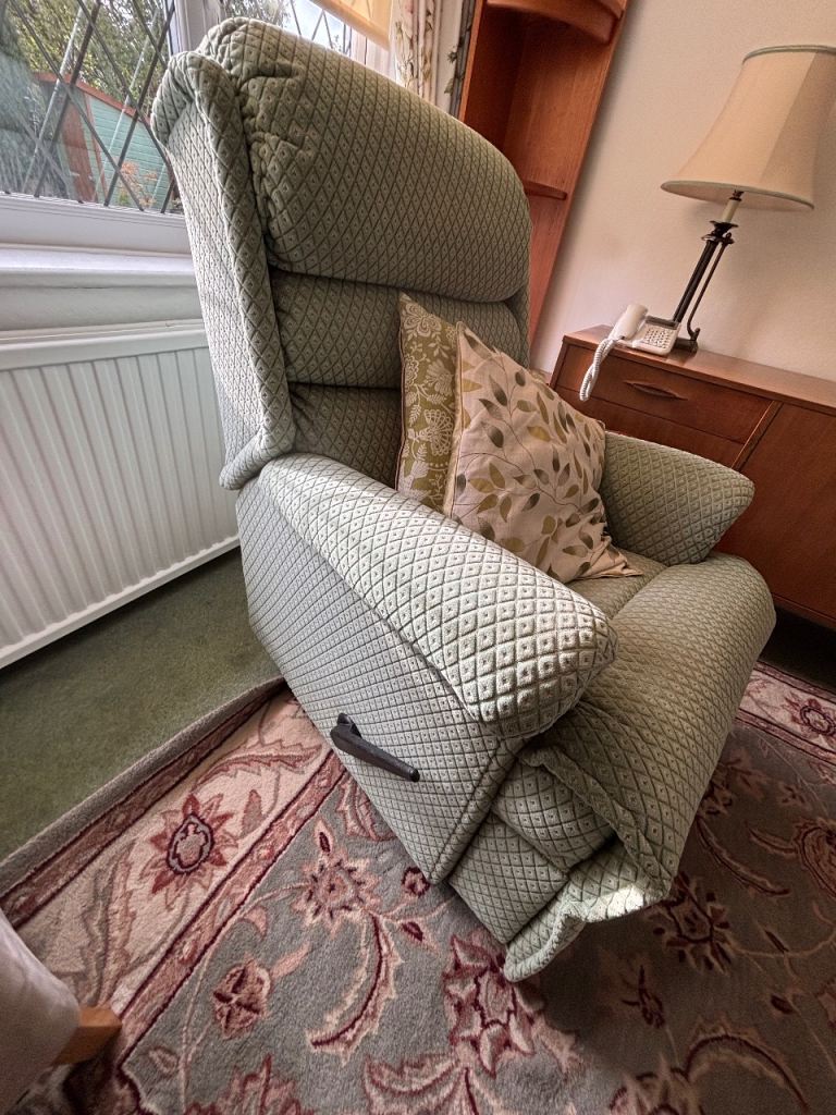 Pair Of Matching Lounge Armchairs (including one that reclines) In Green Fabric