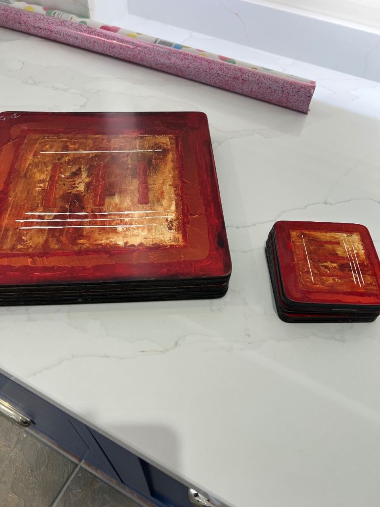 Red and Gold Abstract Placemats and Coasters Set