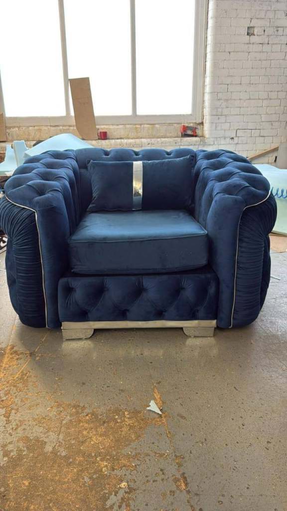 Brand New Ambassador Chesterfield Royal Blue Velvet Accent Armchair with Silver Trim