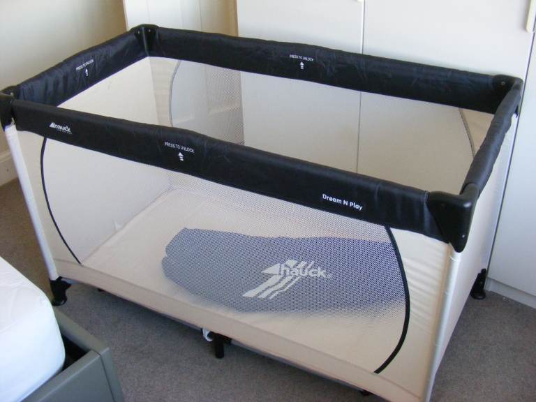 Hauck Travel Cot - Black and Beige, Good Condition