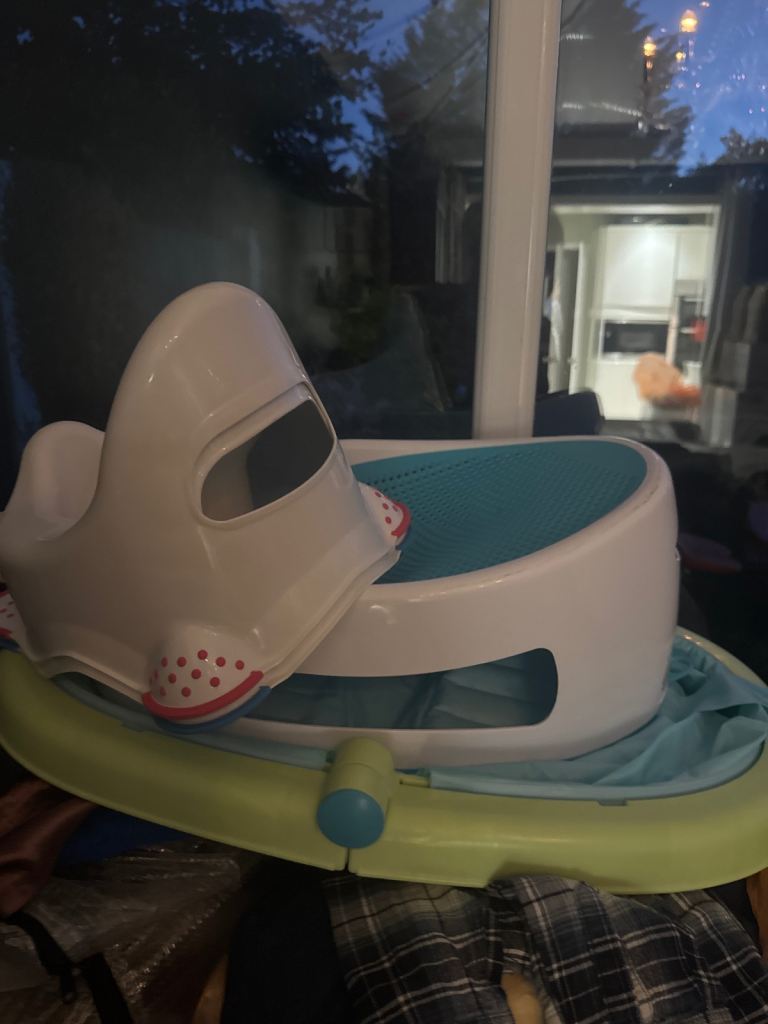 Baby Bath Seat and toilet – White and Green, Good Condition pick up only