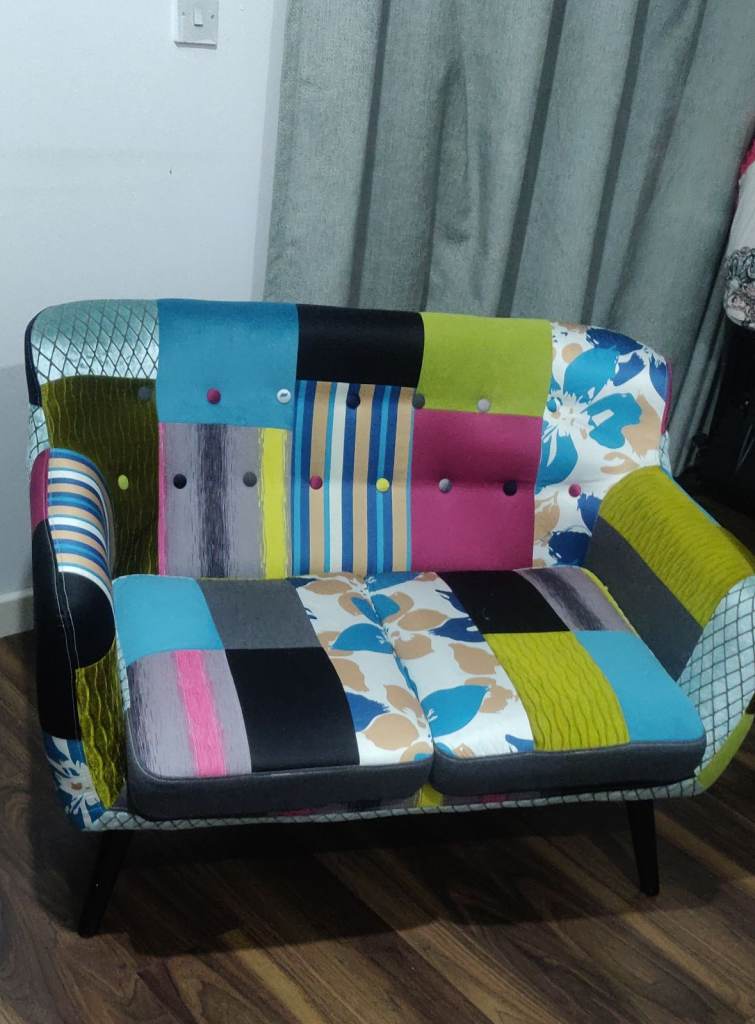 Colourful Patchwork Two-Seater Sofa – Good Condition