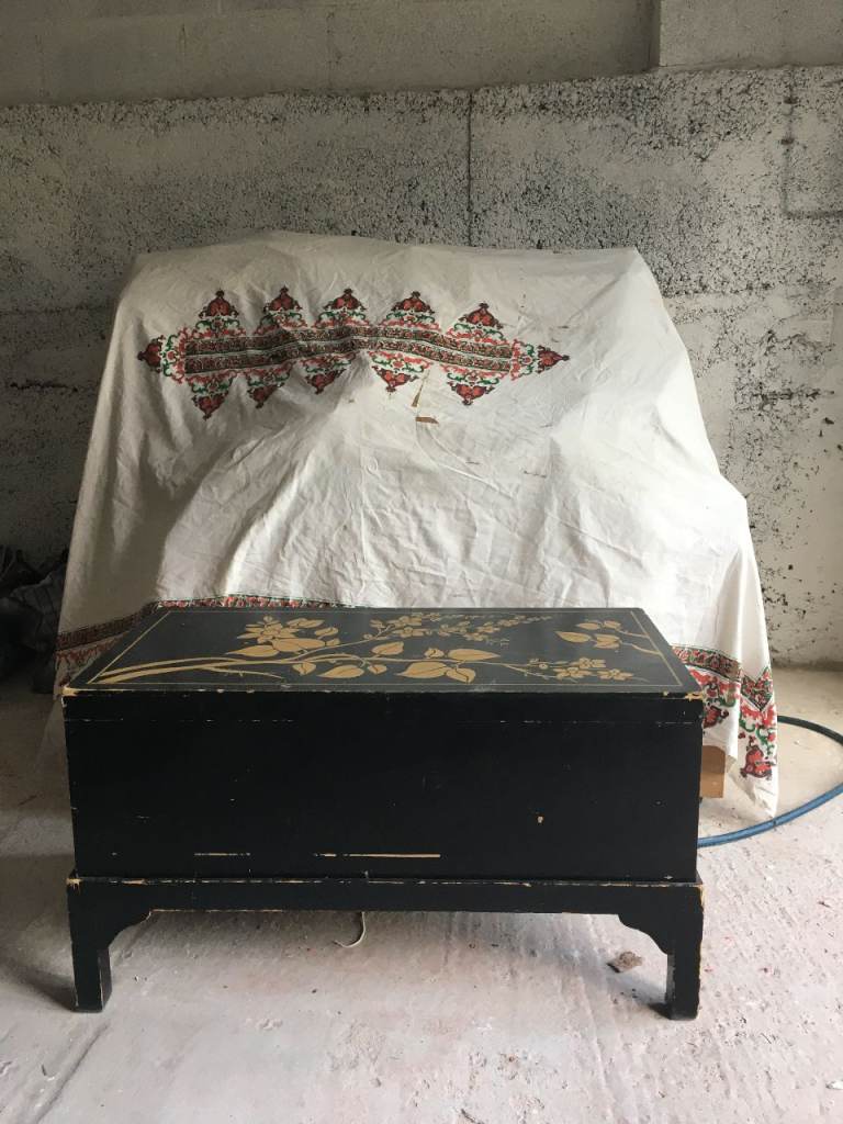 Vintage Trunk Wooden Ottoman Chest with painted detail