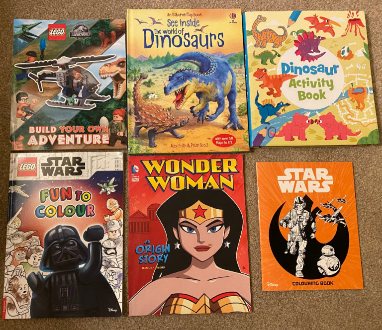 Lego, dinosaurs, Star Wars, DC Wonder woman, books