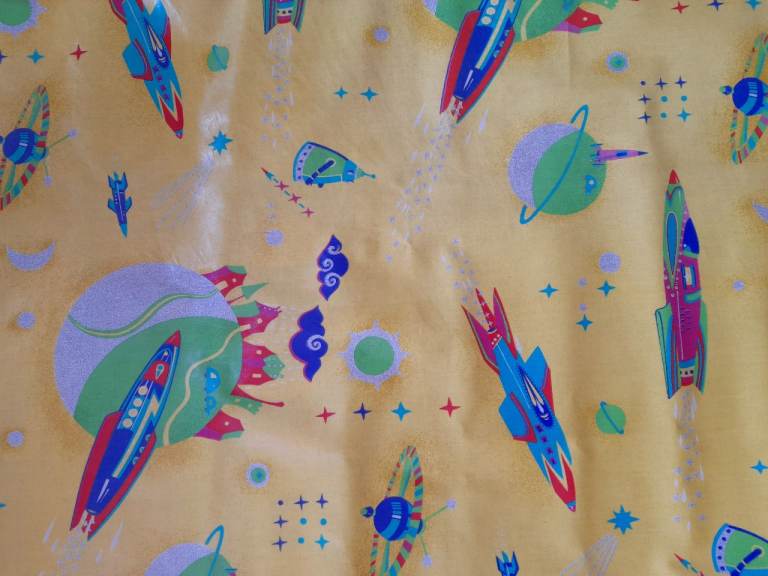 Fun Space Rocket oilcloth table cloth – Yellow, Good Condition