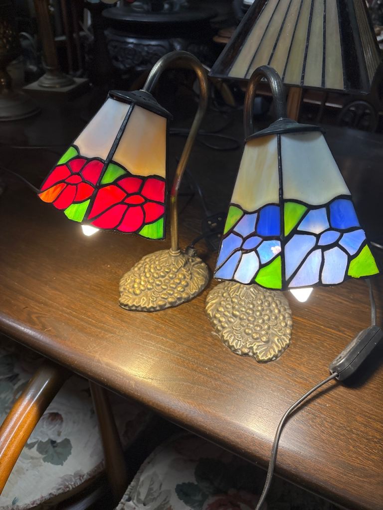 Pair of Tiffany style brass bedside lamps