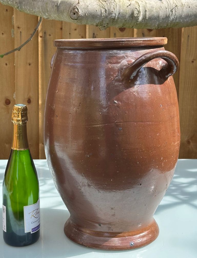 LARGE ANTIQUE FRENCH STONEWARE PLANTER URN, CONFIT JAR POT, SALTING JAR - H47cm 7.8kg - WILL POST!