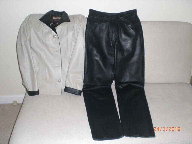 Leather Trousers (black) with matching Jacket (pale mushroom colour), ‘Rico Piel’