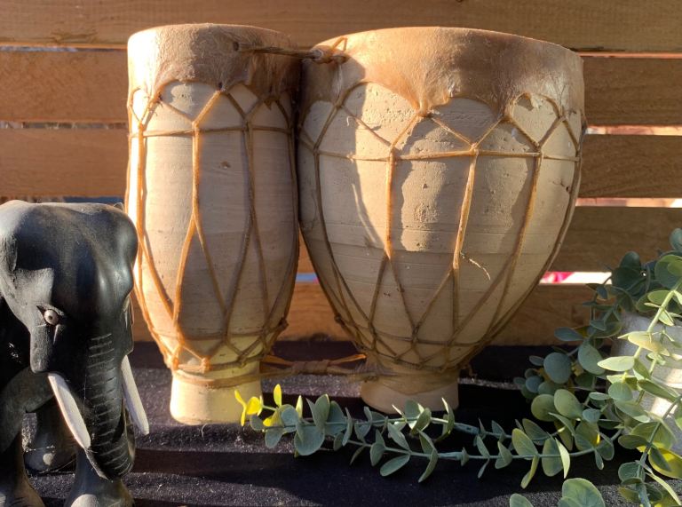 African Double Bongo Percussion Drums Hide Skin Wrapped 1960s 1970s