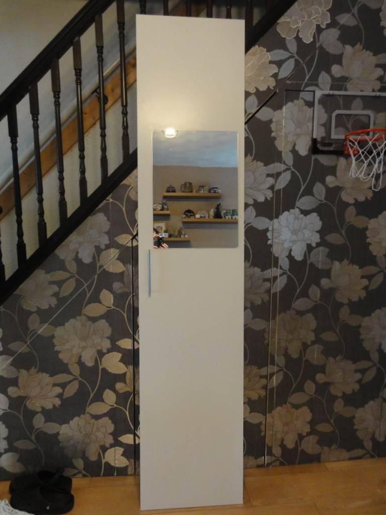 White Ikea Pax Wardrobe Door with mirror and handle 229 cms x 50 cms