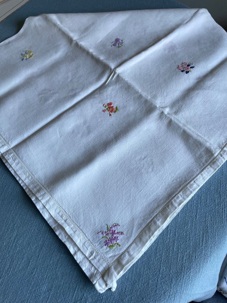 Four Vintage Embroidered White Tablecloths