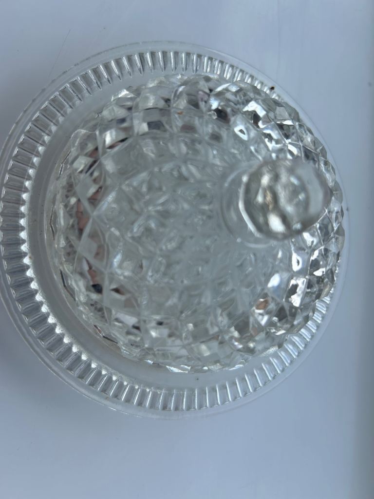 Clear Glass Butter Dish with Diamond Pattern Lid – Good Condition