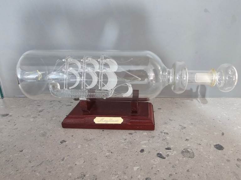Mayflower Ship in Bottle Ornament - Clear Glass, Wooden Base