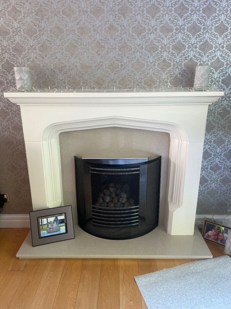White Fireplace Surround with Black Insert – Good Condition