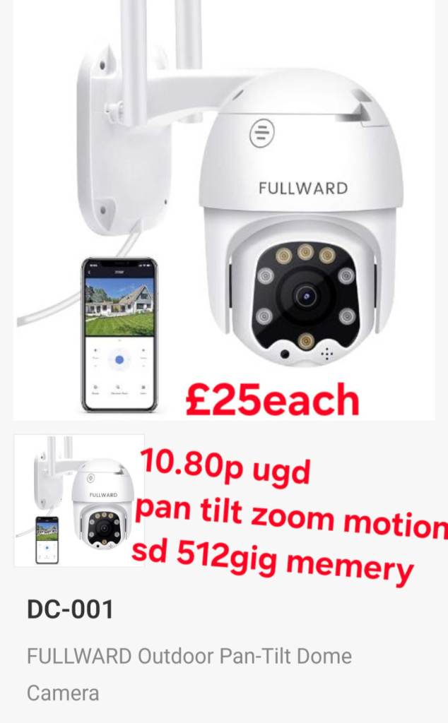 Fullward security camera pan tilt zoom motion tracking 3mtr plug .512gig compatible new 