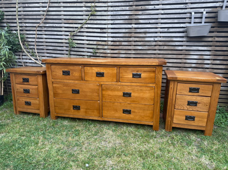 Solid Rustic Furniture Set - Dresser Chest of Drawers and Matching Bedsides