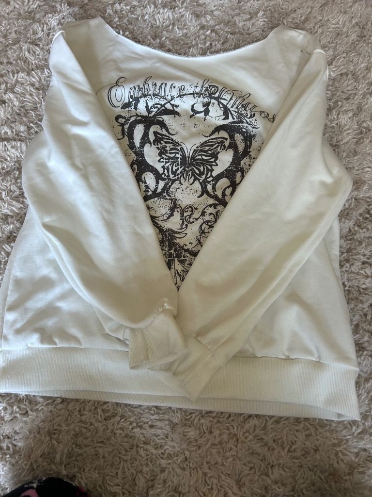 Women's White Jumper with Black Graphic Design – Good Condition