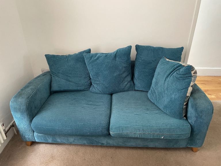 Teal Corduroy Two-Seater Sofa and Matching Footstool – Good Condition