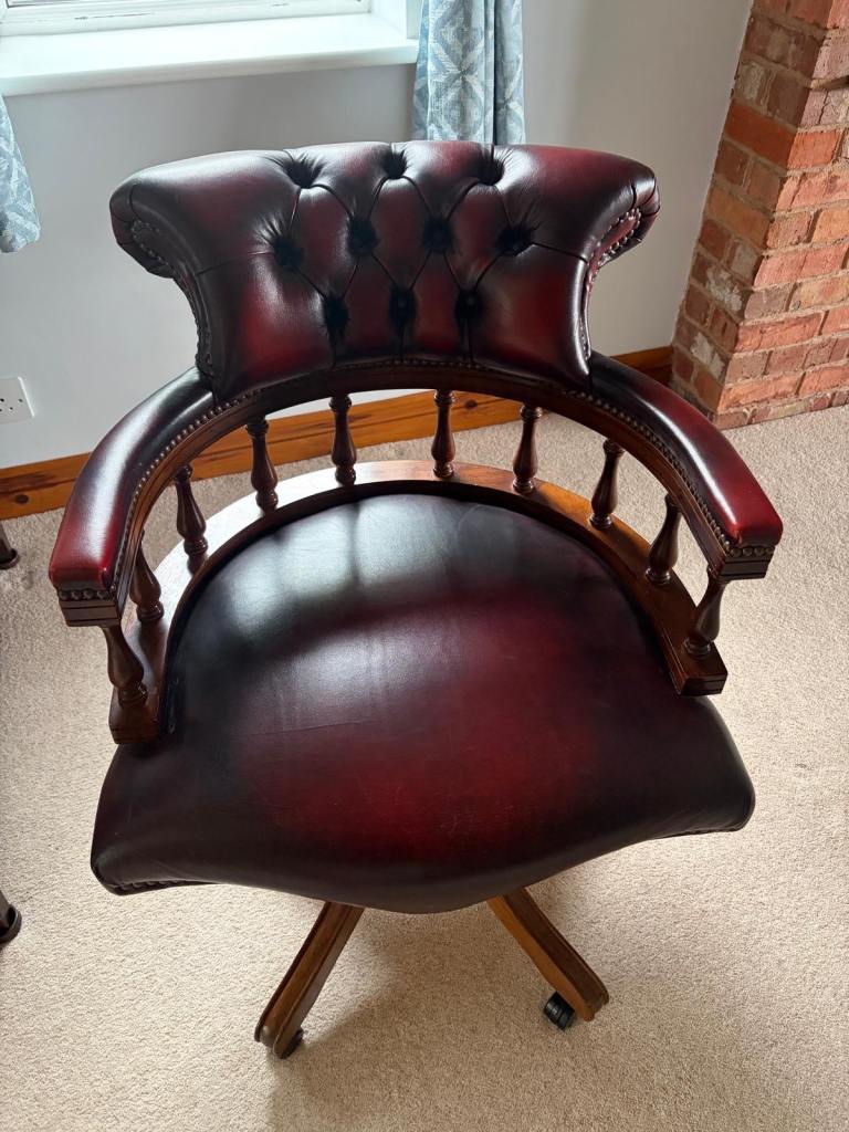 Red Leather Office Chair with Wooden Base – Good Condition