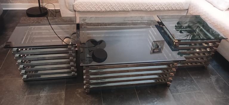 Glass and Chrome Coffee Table Set – Good Condition