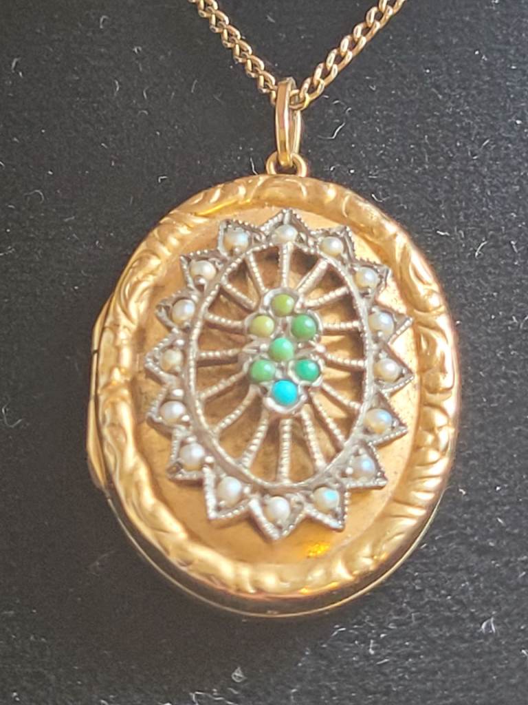 Rare Victorian 9ct Back & Front Oval Locket Necklace with Seed Pearl & Persian Turquoise