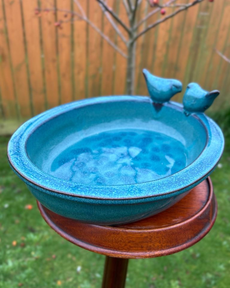 image for Gorgeous Teal Glazed Terracotta Bird Bath Feeder