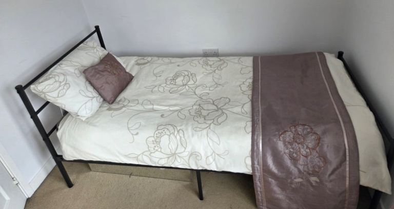 Good Condition Memory Foam Mattress & Single Metal Bed Frame - Black
