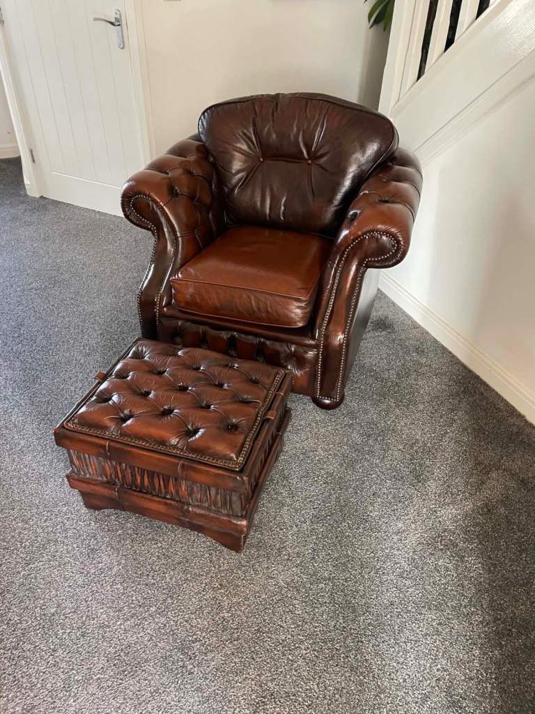 Leather chesterfield chair and stool 