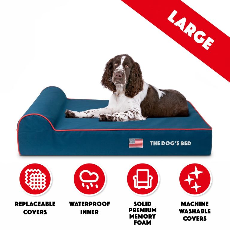The Dog’s Bed – Orthopaedic Memory Foam Bed with Headrest, Blue with Red Trim & , Large, 15cm depth