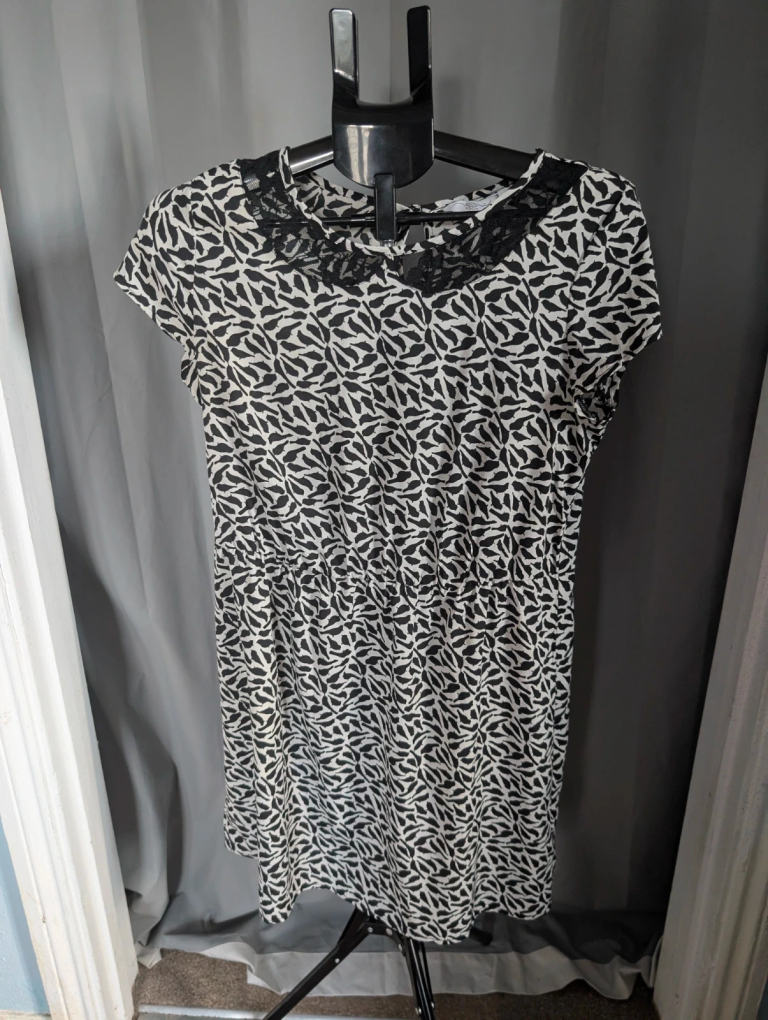 New Look Black White Bird Print Lace Collar Mini Dress UK 12