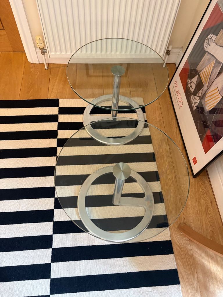 Pair of Glass Top Side Tables – Silver Base, Good Condition