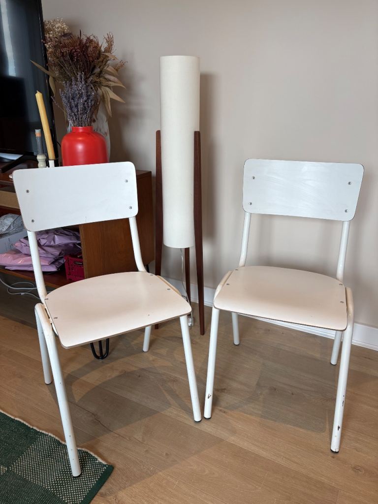 Two (2) chairs stackable woodend ply seat metal white retro good condition
