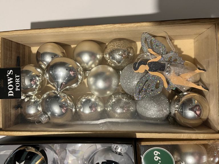 Christmas tree baubles - silver / transparent & fairy decoration. 39 pieces