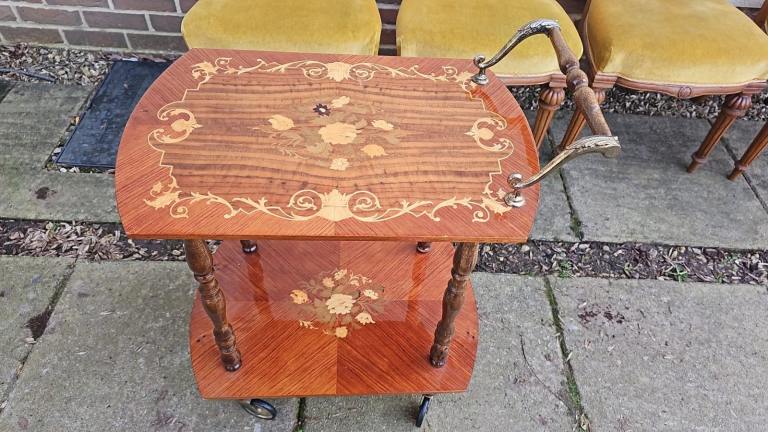 Vintage Italian wooden marquetry brass bar or tea cart