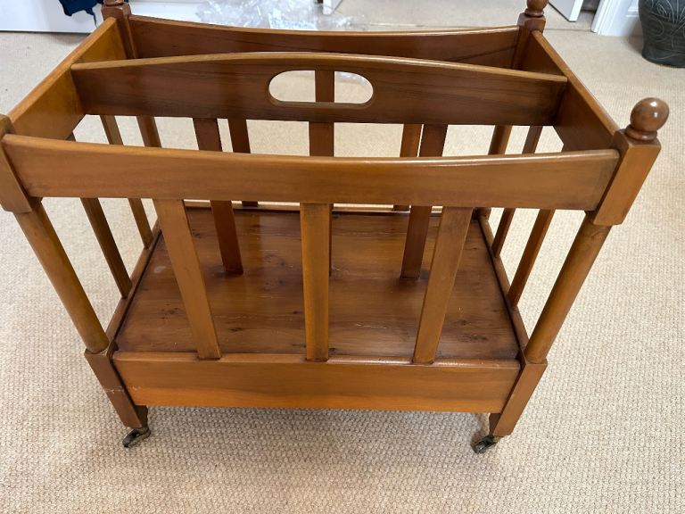 Wooden Magazine Rack on Wheels – Good Condition
