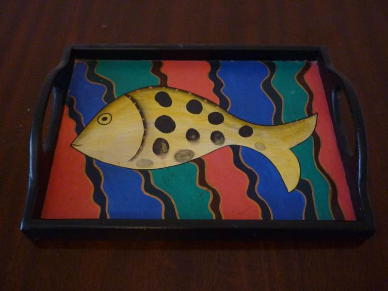 wooden tray with hand painted fish