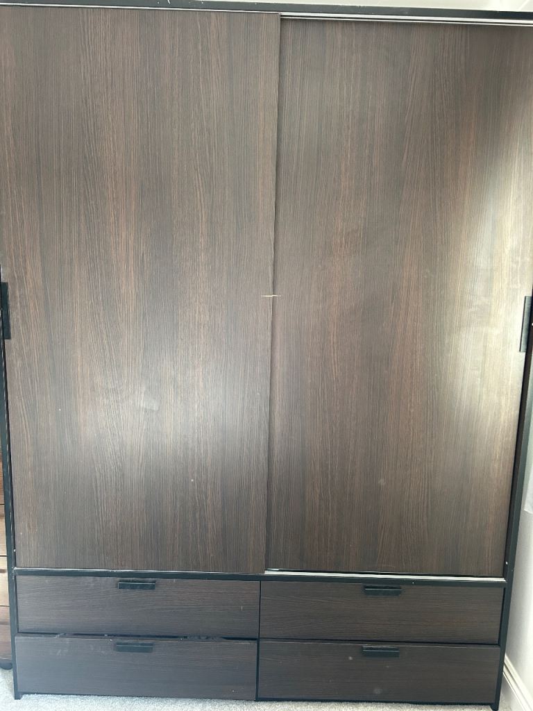 Sliding Door Wardrobe with Drawers – Brown, Good Condition