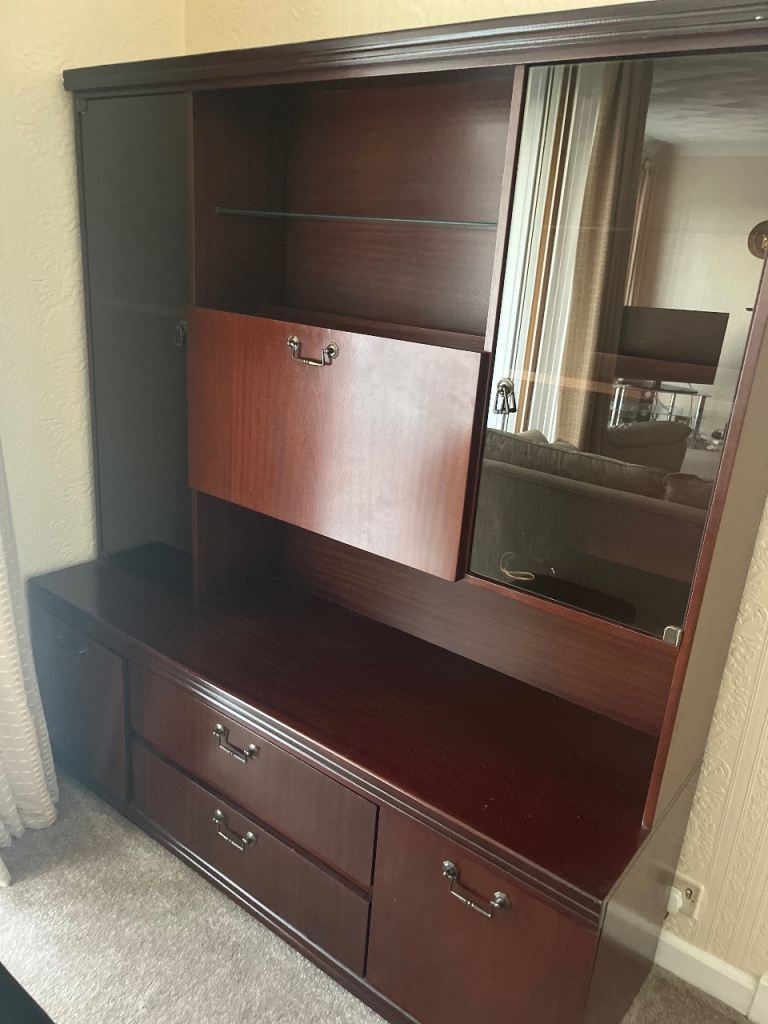 Free collect only Dark Wood Display Cabinet with Glass Door and Drawers