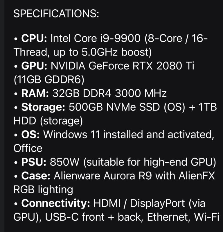 Alienware Aurora R9 Gaming PC - i9-9900, RTX 2080 Ti, 32GB RAM, £850.00 ...