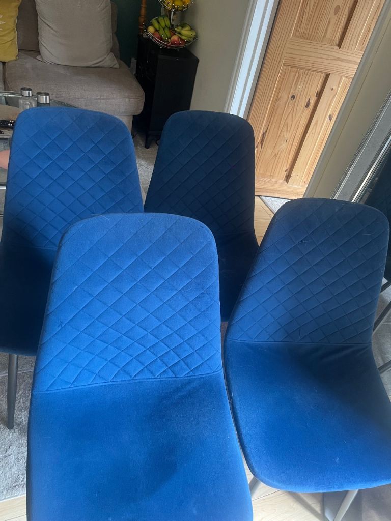 Set of Four Blue Fabric Dining Chairs – Good Condition