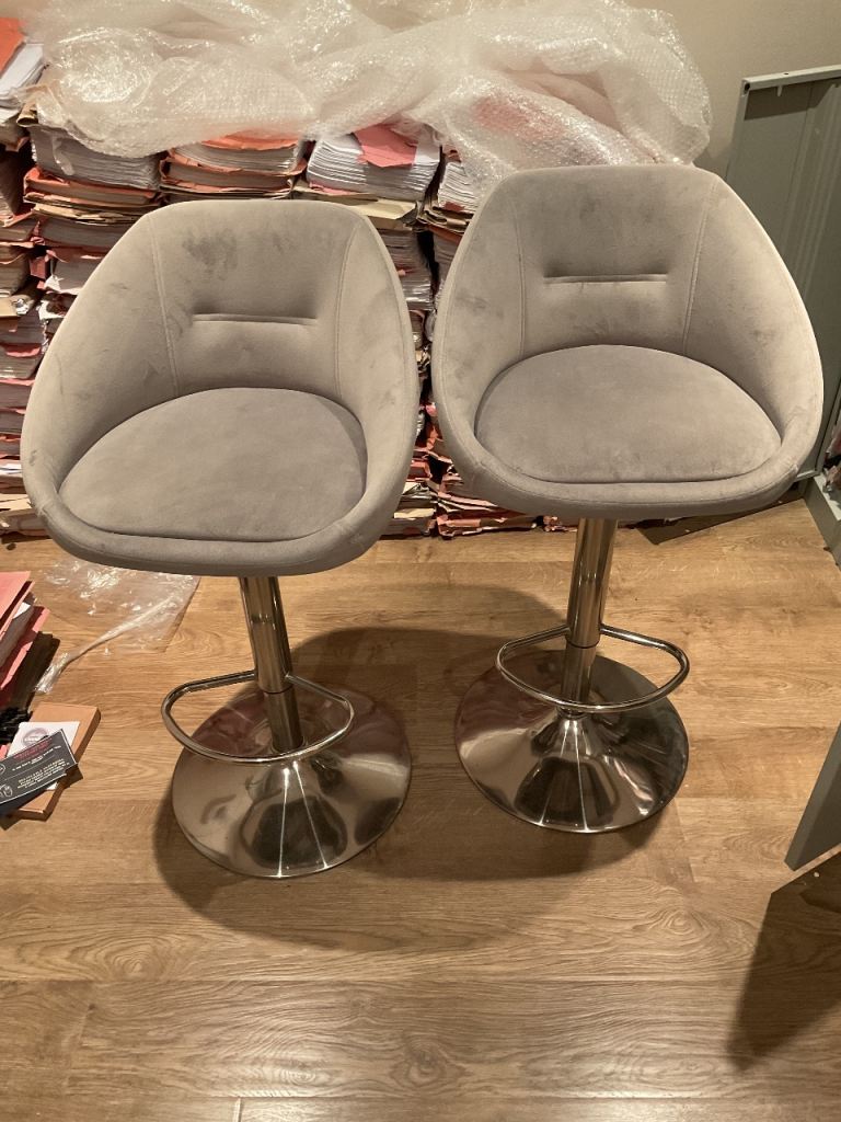 image for Pair of Grey chenille and silver Metal Stools